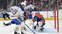 Buffalo Sabres right winger Alex Tuch (89) gets in front of Edmonton Oilers goalie Stuart Skinner (74) during the second period at Rogers Place.