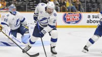 Tampa Bay Lightning defenseman Ryan McDonagh (27) clears the zone against the Nashville Predators during the third period at Bridgestone Arena.