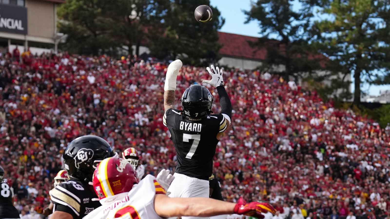 Colorado Buffaloes defensive back Tawfiq Byard (7) prepares to pull in a interception in the fourth quarter against the Iowa State Cyclones at Folsom Field.