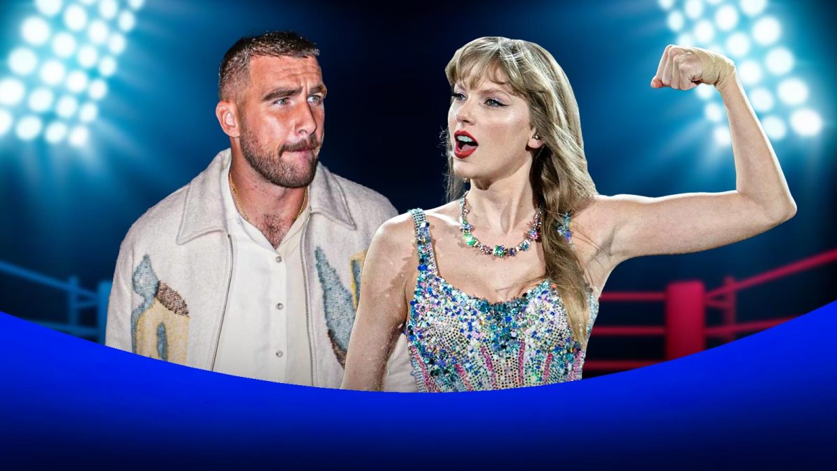 Travis Kelce and Taylor Swift in a boxing ring.