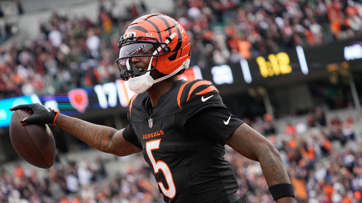 Bengals Tee Higgins (5) celebrates a touchdown during their game against the Bears at Paycor Stadium on Sunday November 2, 2025.