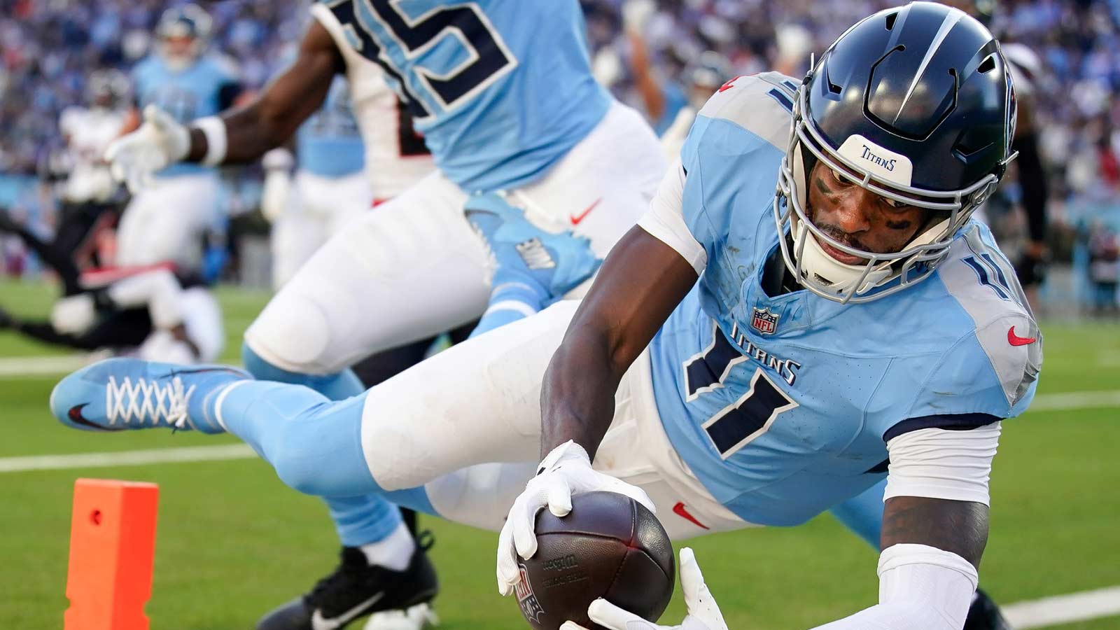 Tennessee Titans wide receiver Van Jefferson (11) dives in for a touchdown against the Houston Texans during the fourth quarter at Nissan Stadium in Nashville, Tenn.,