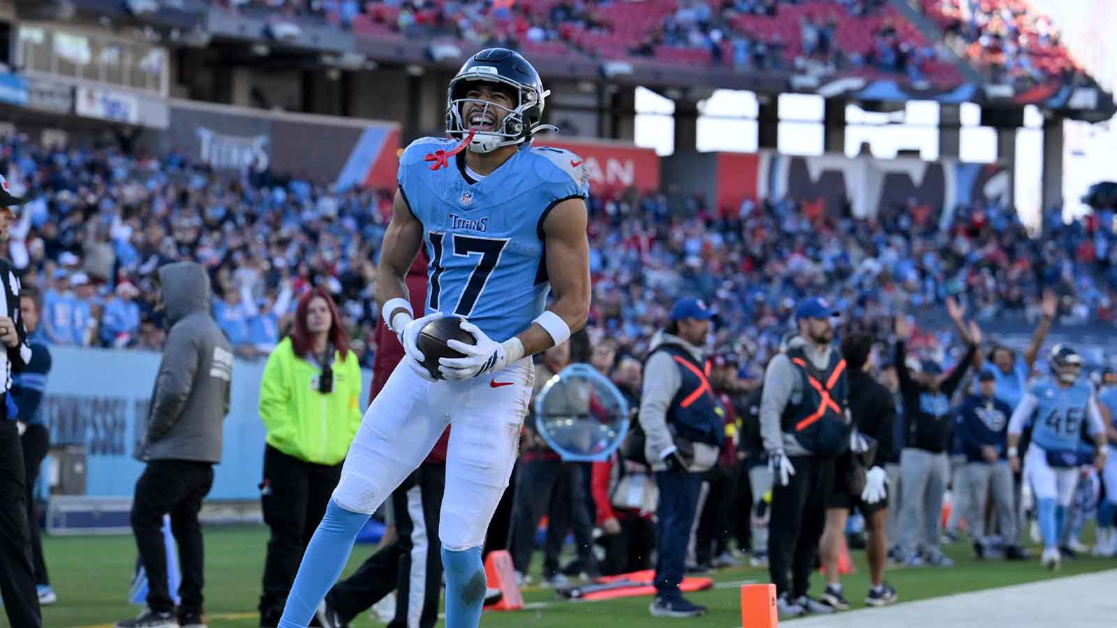Tennessee Titans wide receiver Chimere Dike (17) celebrates after scoring a touchdown during the second half against the Kansas City Chiefs at Nissan Stadium.