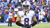Buffalo Bills linebacker Terrel Bernard (8) warms up prior to the game against the Tampa Bay Buccaneers at Highmark Stadium.