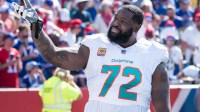 Miami Dolphins offensive tackle Terron Armstead (72) reacts to the crowd before a game against the Buffalo Bills at Highmark Stadium.