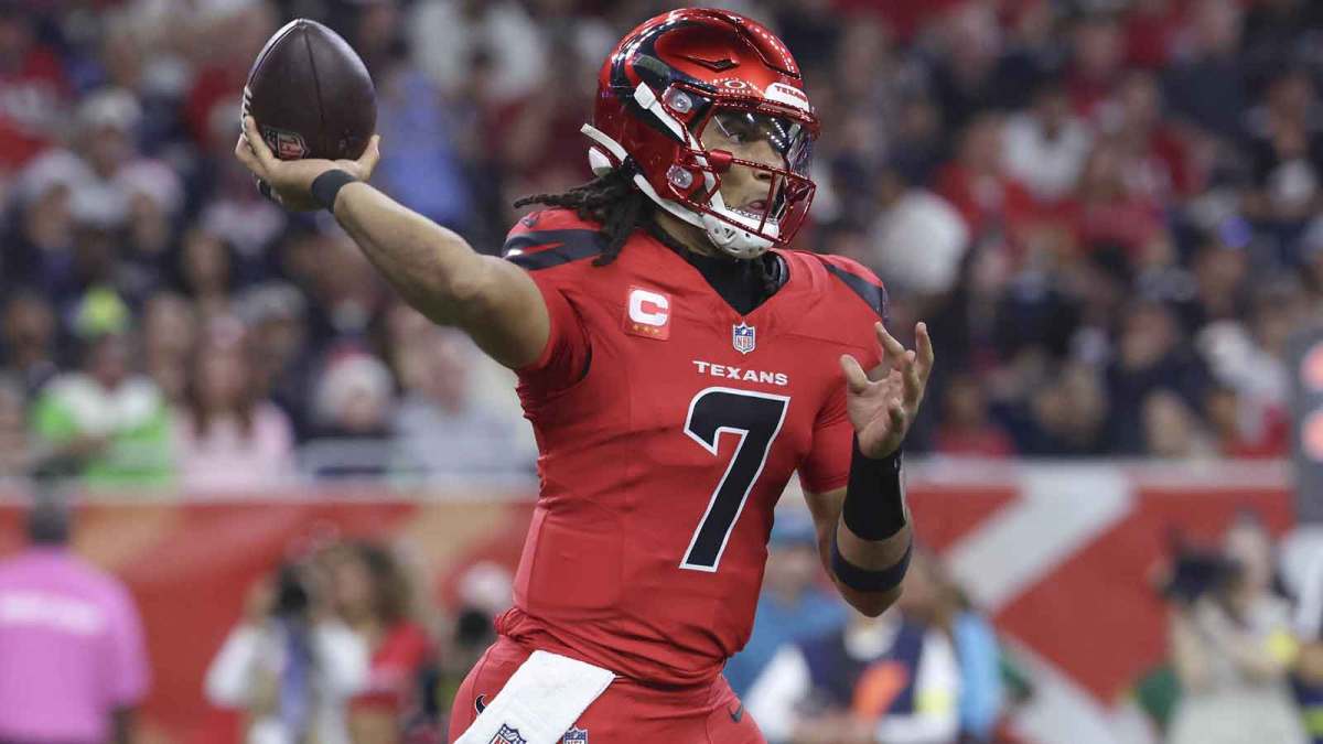 Houston Texans quarterback C.J. Stroud (7) attempts a pass during the second half against the Las Vegas Raiders at NRG Stadium.