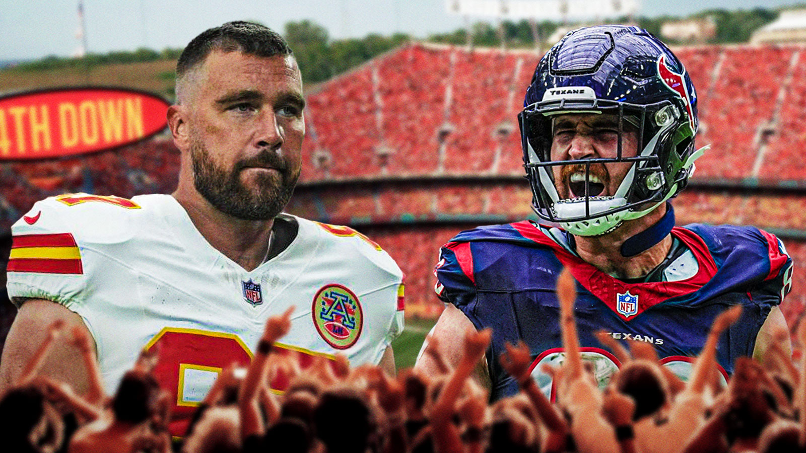 Dalton Schultz on one side, Travis Kelce on the other side, GEHA Field at Arrowhead Stadium in the background