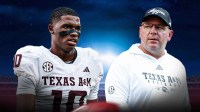 Marcel reed and Mike Elko (looing sad if possible) and Texas A&M logo background