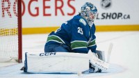 Vancouver Canucks goalie Thatcher Demko (35) during a stop in play against the Winnipeg Jets in the first period at Rogers Arena.