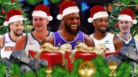 LeBron James, Nikola Jokic, Donovan Mitchell, Cooper Flagg, Jalen Brunson all in Santa Claus hats with Christmas themed stuff around the graphic (Snow, Christmas trees, presents, etc.) Also put some Coal next to the presents)