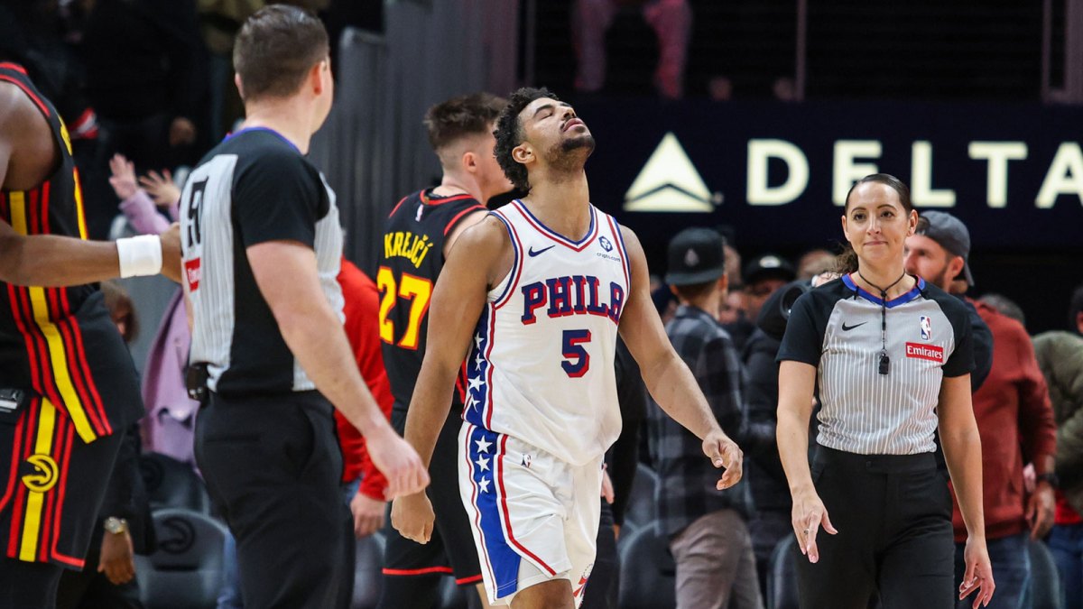 Philadelphia 76ers guard Quentin Grimes (5) reacts after losing the game against the Atlanta Hawks at State Farm Arena