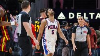 Philadelphia 76ers guard Quentin Grimes (5) reacts after losing the game against the Atlanta Hawks at State Farm Arena