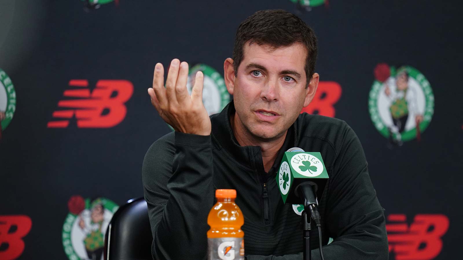 Boston Celtics president of basketball operations Brad Stevens talks to reporters during media day at the Auerbach Center. 