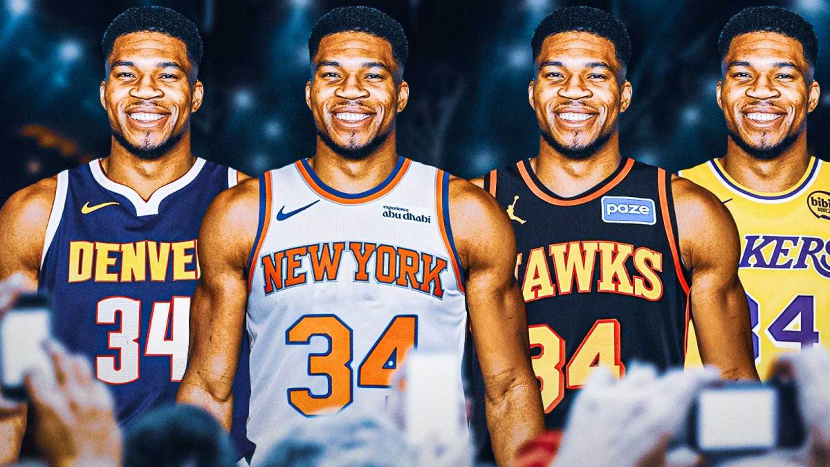 Giannis Antetokounmpo photoshopped in Nuggets jersey, in Knicks jersey, in Hawks jersey, in Lakers jersey. Every photoshop must include his jersey number 34.