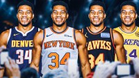Giannis Antetokounmpo photoshopped in Nuggets jersey, in Knicks jersey, in Hawks jersey, in Lakers jersey. Every photoshop must include his jersey number 34.