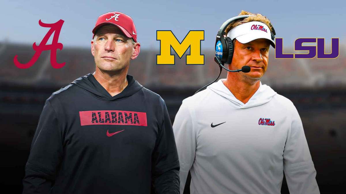 Alabama HC Kalen DeBoer and LSU HC Lane Kiffin Alabama, Michigan and LSU logos above them