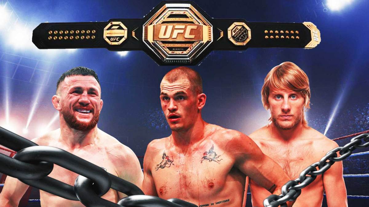 At the top of the graphic is a UFC championship belt. Below the belt are Merab Dvalishvili, Maycee Barber, Ian Machado Garry, and Paddy Pimblett.
