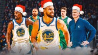 Steph Curry, Jimmy Butler and Steve Kerr in christmas santa hats while Cooper Flagg and Klay Thompson watch them celebrate in the cold.