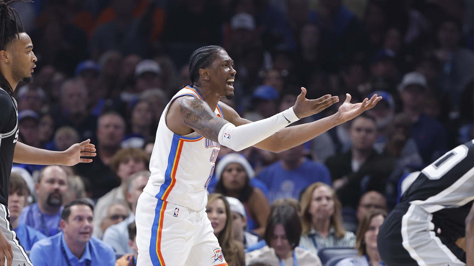 Thunder guard Jalen Williams (8) reacts after a play against the San Antonio Spurs during the second quarter at Paycom Center