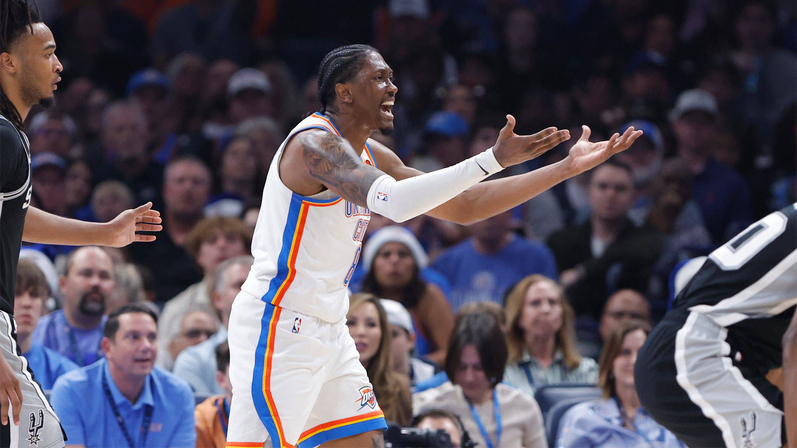 Thunder guard Jalen Williams (8) reacts after a play against the San Antonio Spurs during the second quarter at Paycom Center