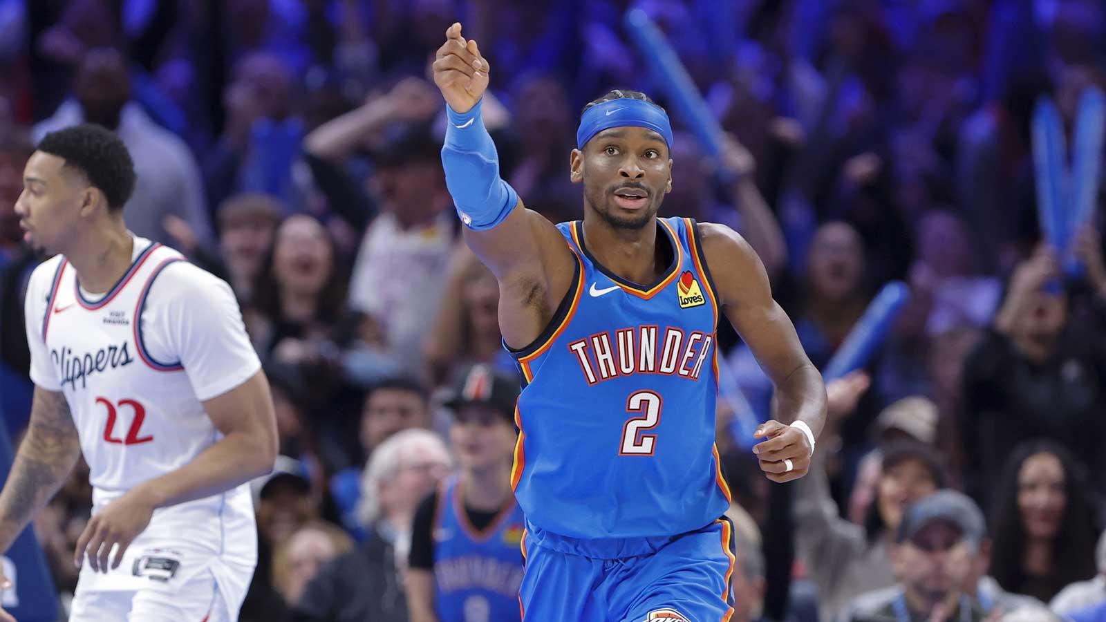 Thunder guard Shai Gilgeous-Alexander (2) gestures after scoring against the Los Angeles Clippers during the second half at Paycom Center
