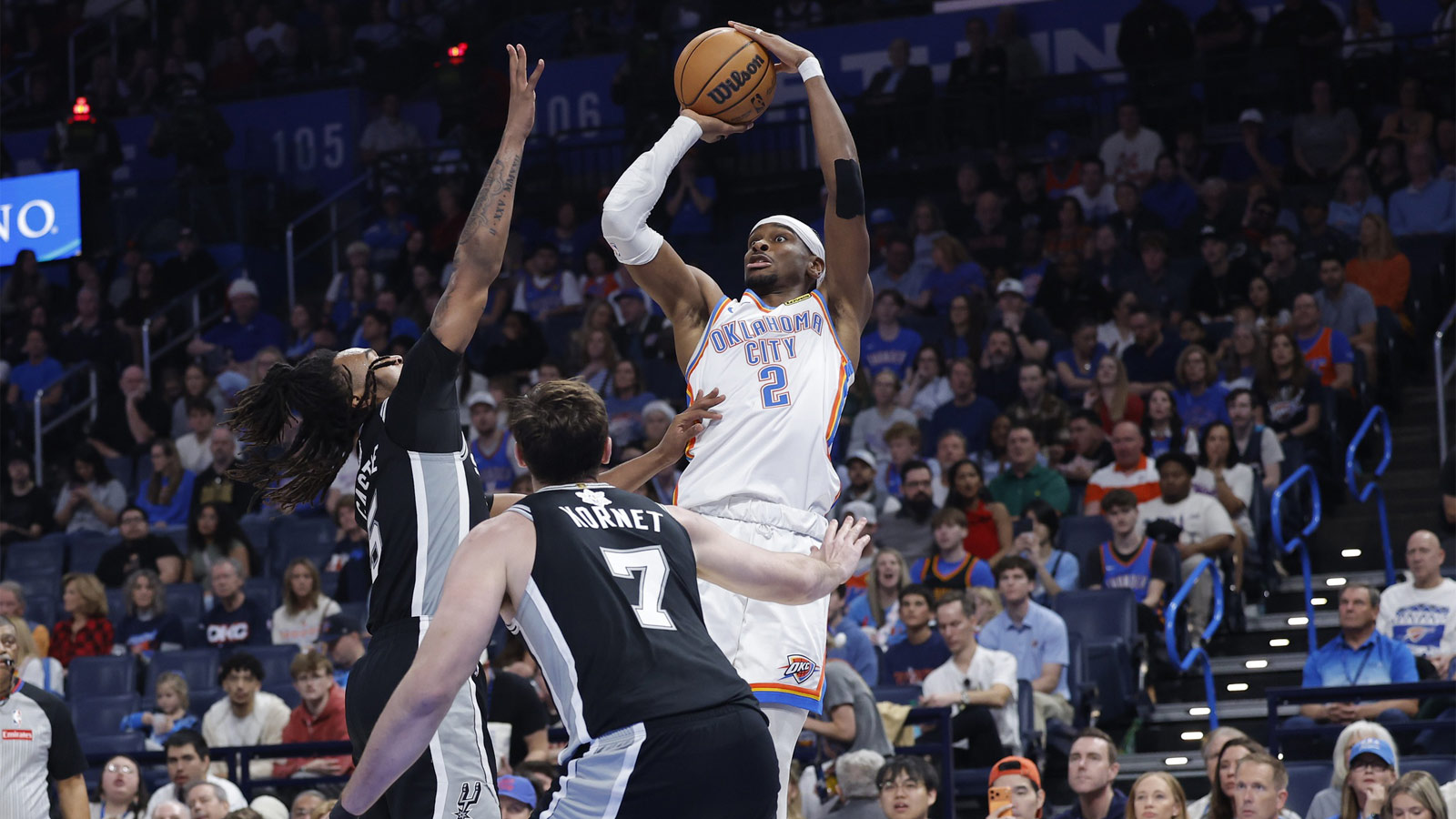 Thunder guard Shai Gilgeous-Alexander (2) shoots against the San Antonio Spurs during the second half at Paycom Center