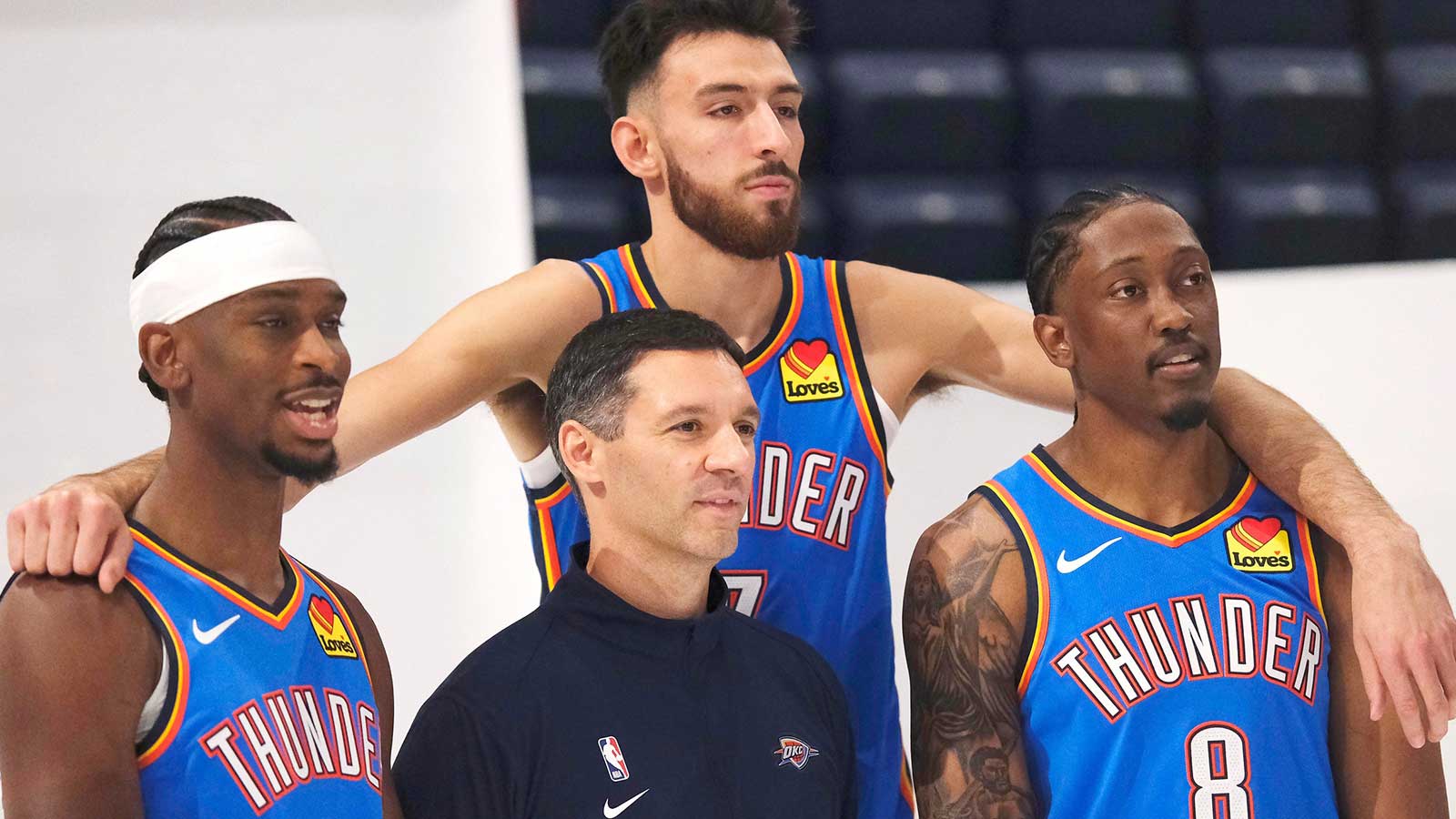 Shai Gilgeous-Alexander (2) Coach Mark Daigneault, Chet Holmgren (7) and Jalen Williams (8) during the Thunder Media Day for the 25-26 NBA season at the Paycom Center Monday, Sept. 29, 2025.
