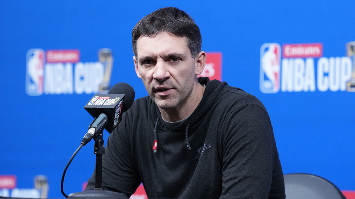 Thunder head coach Mark Daigneault at press conference prior to the Emirates Cup semifinals at T-Mobile Arena