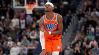 Oklahoma City Thunder guard Shai Gilgeous-Alexander (2) reacts after making a basket against the Golden State Warriors in the fourth quarter at the Chase Center.