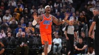 Oklahoma City Thunder guard Shai Gilgeous-Alexander (2) reacts after the ball went out of bounds against the Golden State Warriors in the fourth quarter at the Chase Center.