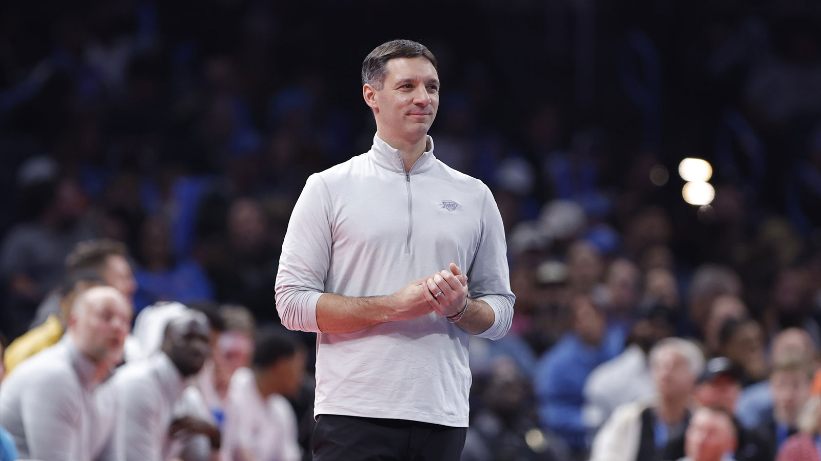 Thunder head coach Mark Daigneault smiles during a play against the Phoenix Suns during the second half at Paycom Center