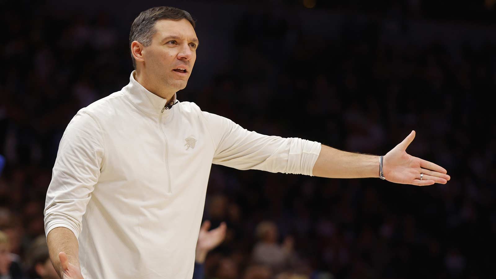 Thunder head coach Mark Daigneault questions a referee's call for the Minnesota Timberwolves in the fourth quarter at Target Center