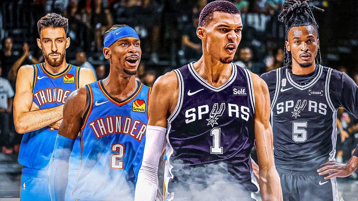 Thunder All-Star Shai Gilgeous-Alexander staring down Spurs All-Star Victor Wembanyama with Thunder's Chet Holmgren and Spurs' Devin Vassell in the background, with the Thunder and Spurs' logos next to them