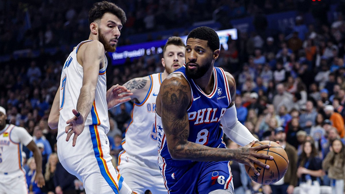 76ers forward Paul George (8) moves the ball around Oklahoma City Thunder center Chet Holmgren (7) during the first quarter at Paycom Center