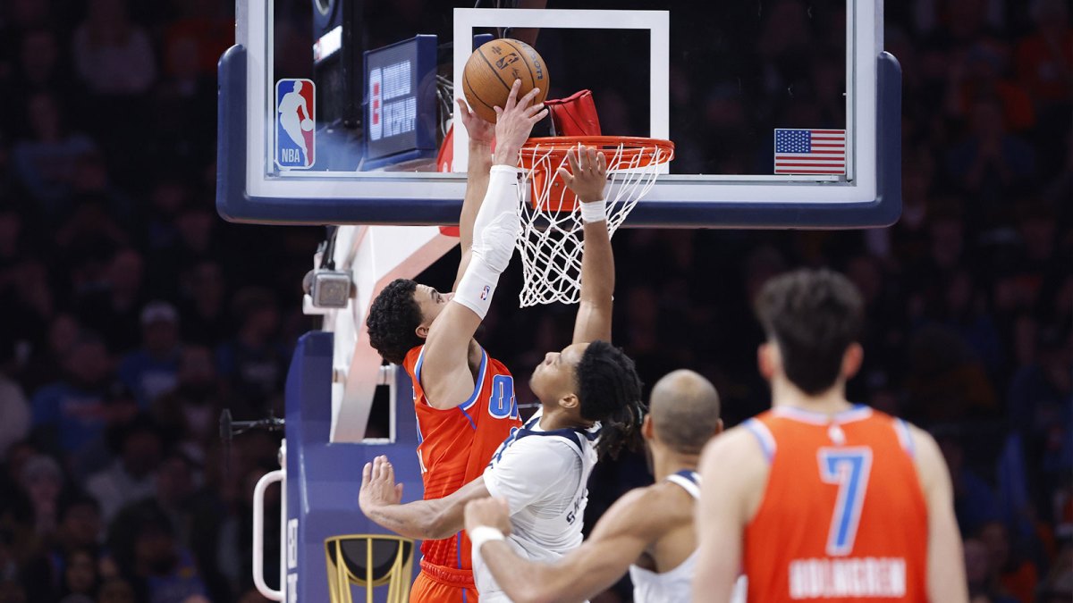 Thunder guard Ajay Mitchell (25) dunks as Minnesota Timberwolves guard Terrence Shannon Jr. (1) defends during the second half at Paycom Center with Thunder's Chet Holmgren in the background