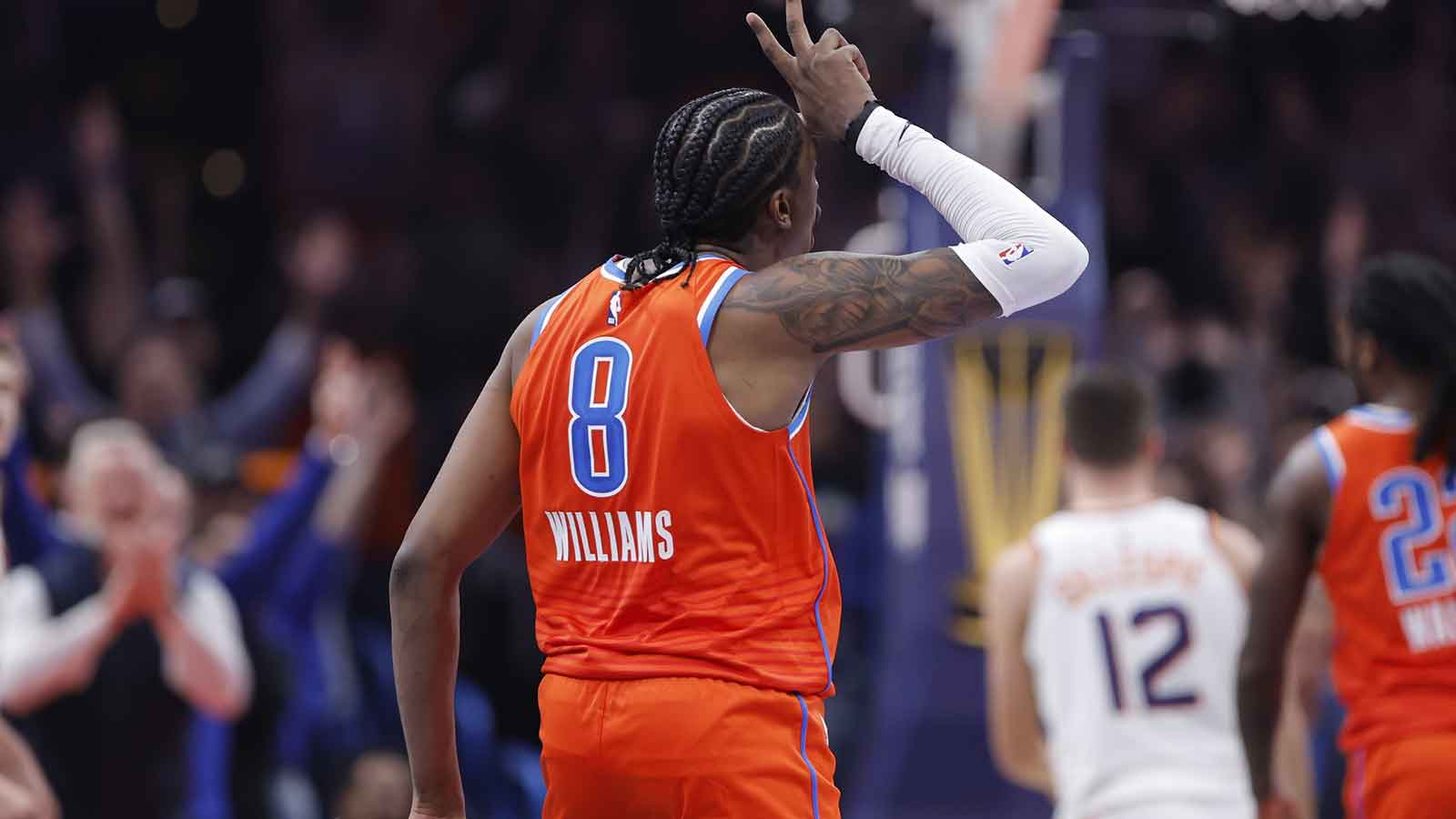 Thunder guard Jalen Williams (8) gestures after scoring against the Phoenix Suns during the second quarter at Paycom Center