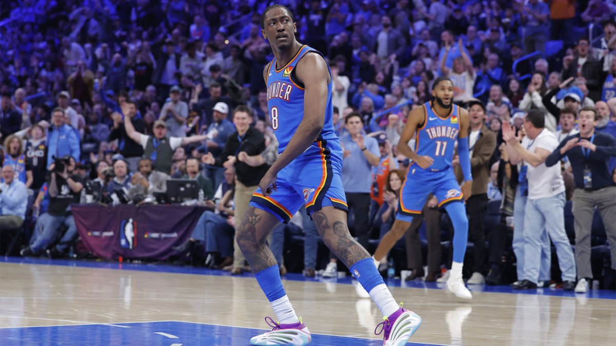 Thunder guard Jalen Williams (8) looks back after dunking against the Memphis Grizzlies during the second half at Paycom Center with Jalen Williams' wrist injury in the background