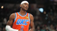 Oklahoma City Thunder guard Shai Gilgeous-Alexander (2) holds his finger during the first half against the San Antonio Spurs at Frost Bank Center.