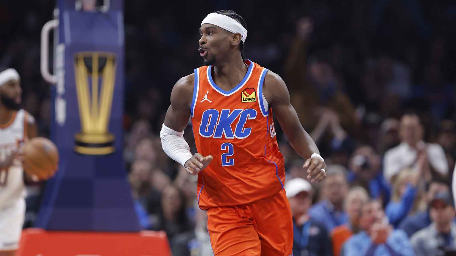 Thunder guard Shai Gilgeous-Alexander (2) reacts after a play against the Phoenix Suns during the second quarter at Paycom Center