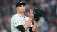 Detroit Tigers pitcher Tarik Skubal (29) walks off the field after a pitching change against Chicago Cubs during the eighth inning at Comerica Park