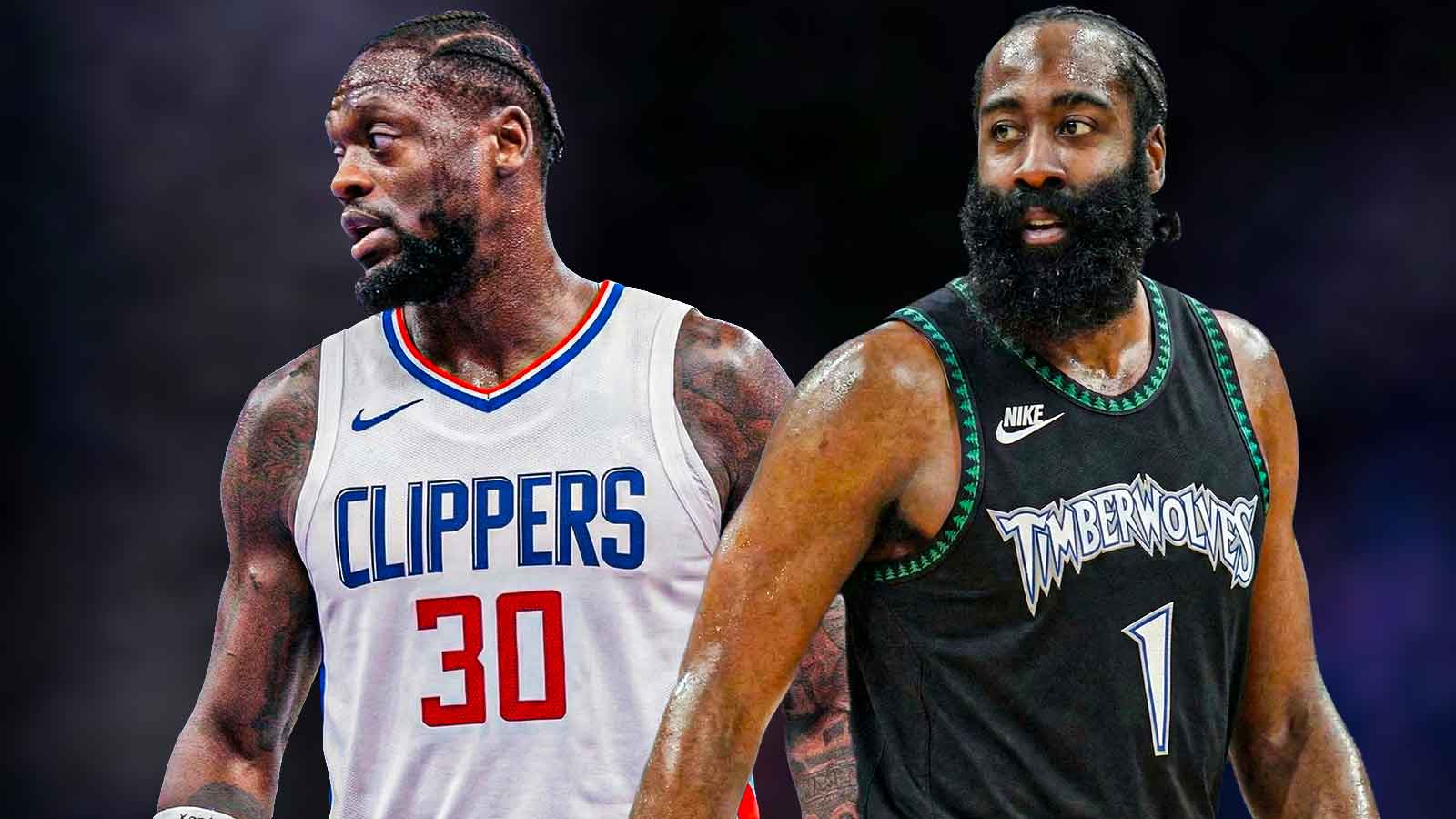 James Harden in Timberwolves uniform, Julius Randle in Clippers uniform