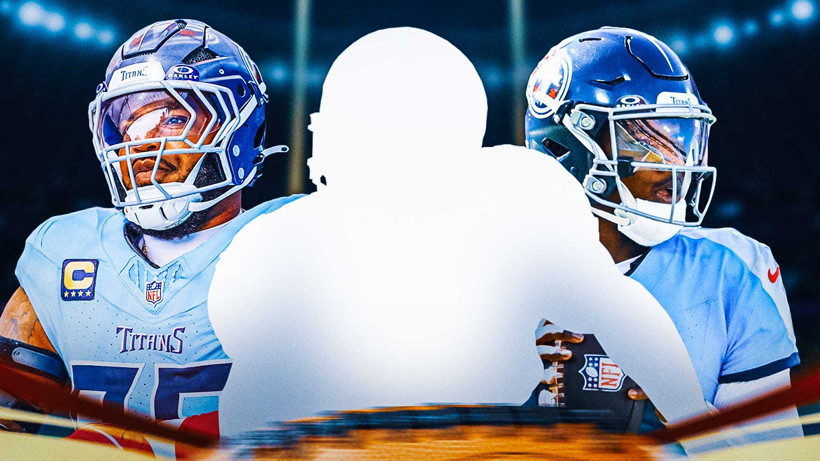 Mystery player in the middle, Cam Ward, Jeffery Simmons around him, Tennessee Titans wallpaper in the background
