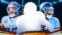 Mystery player in the middle, Cam Ward, Jeffery Simmons around him, Tennessee Titans wallpaper in the background