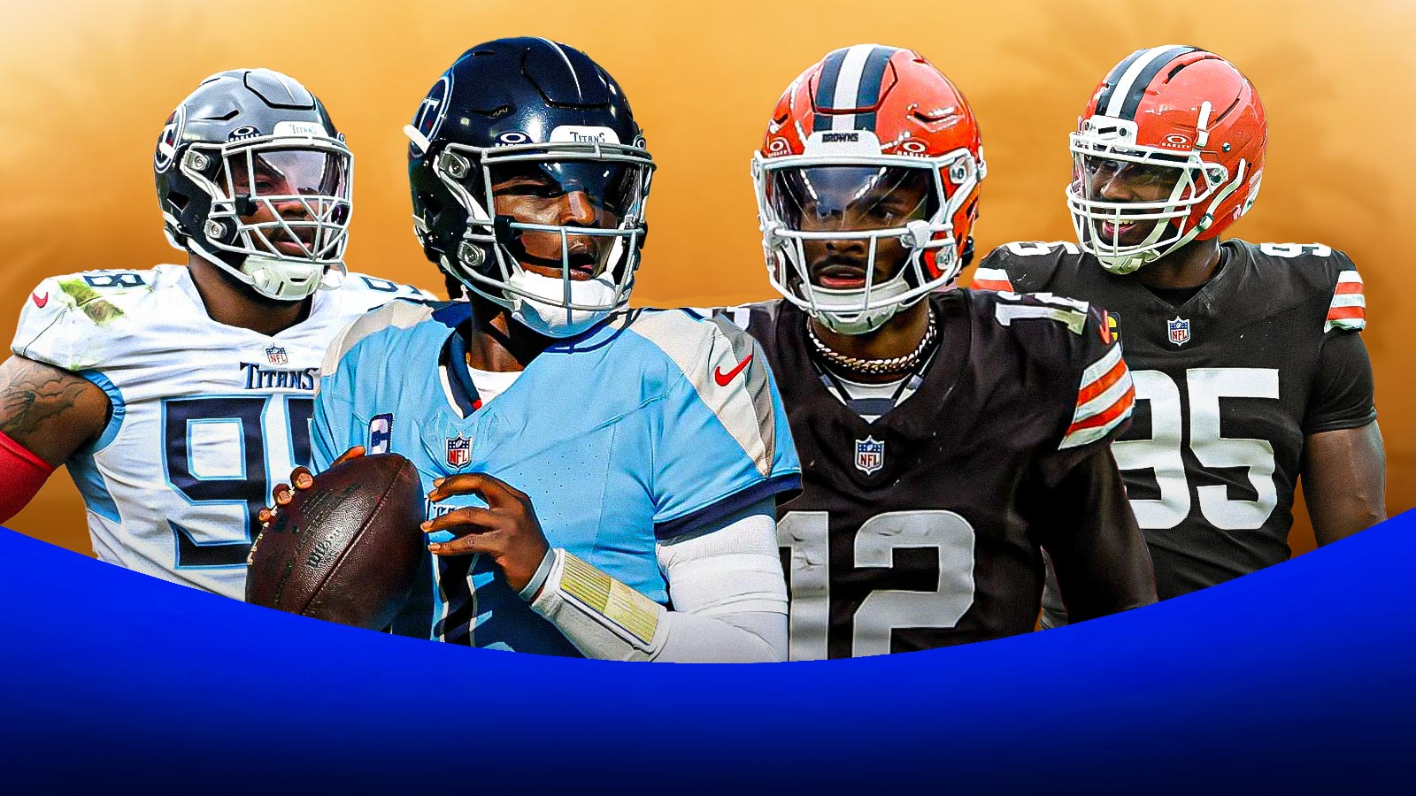 Cam Ward, Jeffery Simmons on one side, Shedeur Sanders, Myles Garrett on the other side, Sandstorm in the background