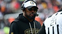 Pittsburgh Steelers head coach Mike Tomlin looks on during the second quarter against the Cleveland Browns at Huntington Bank Field.