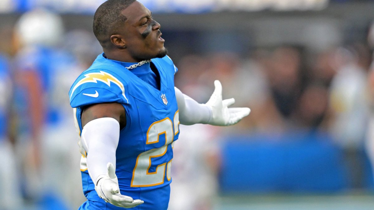 Los Angeles Chargers safety Tony Jefferson (23) celebrates after defeating the Denver Broncos 23-20 at SoFi Stadium.
