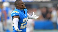 Los Angeles Chargers safety Tony Jefferson (23) celebrates after defeating the Denver Broncos 23-20 at SoFi Stadium.