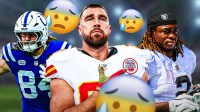 Chiefs TE Travis kelce with Raiders RB Ashton Jeanty and Colts TE Tyler Warren. They are surrounded by worried emojis (😰).