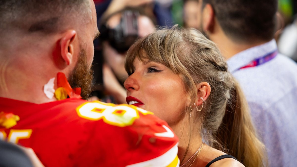 Kansas City Chiefs tight end Travis Kelce and Taylor Swift after Super Bowl 58.