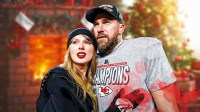 Taylor Swift and Travis Kelce with Christmas tree background.